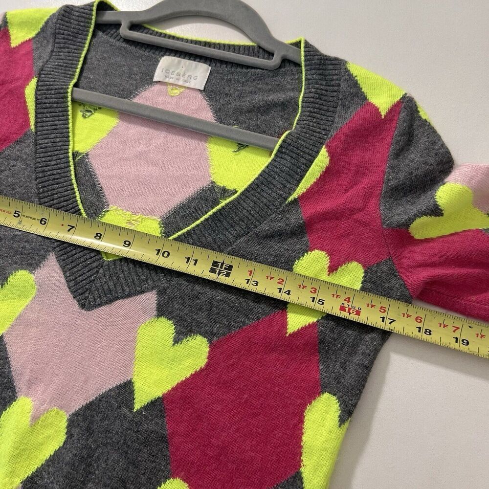 Iceberg Sweater Womens S Heart‎ Argyle Deep V Neck Multicolor Pullover Italy - Picture 8 of 9